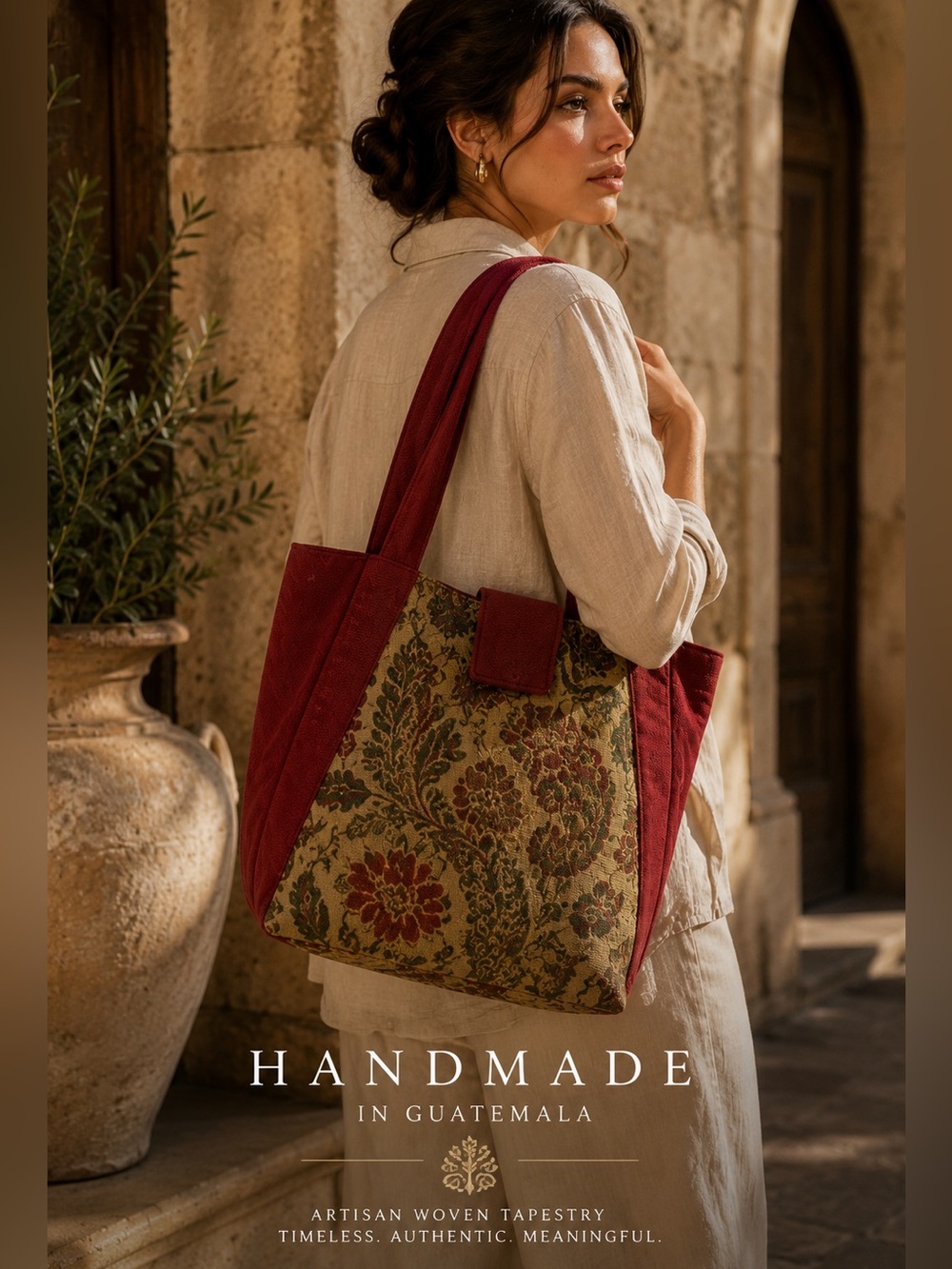 Mustard Seed Burgundy Floral Tapestry Handmade Tote Artisan Nicaragua Fair Trade